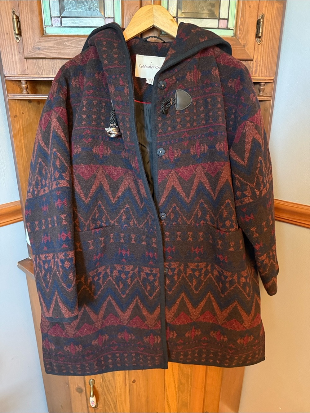 Coldwater Creek Vintage Aztec Wool Blanket Coat Hooded w/ Silver Swirl Brooch L/
